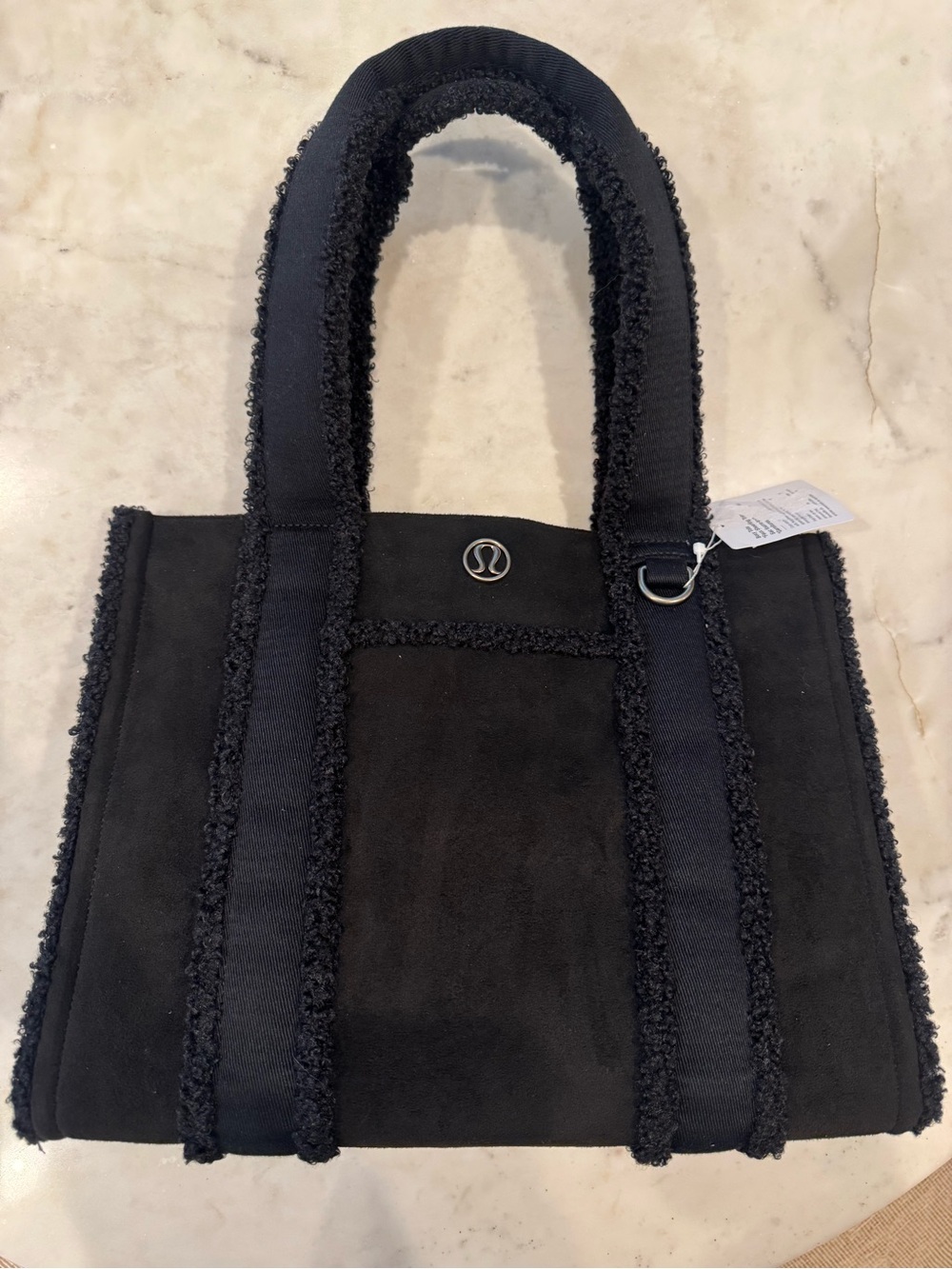NWT Black Boxy Tote Bag 10L Faux Shearling Trim